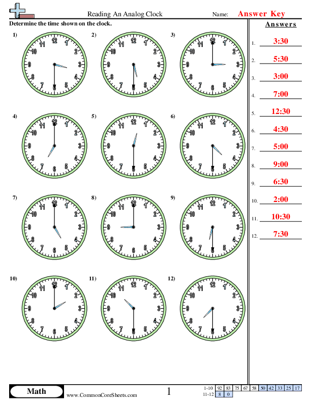  - Reading a Clock (Half Hour Increments) worksheet